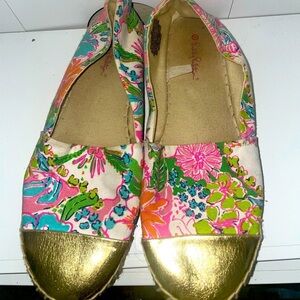 Lilly Pulitzer espadrilles floral espadrilles colorful flats gold cap toe flats